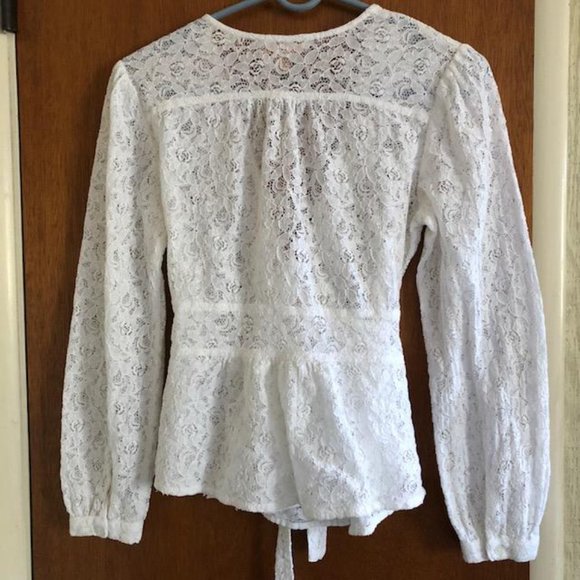 KYRA, white, lace, half wrap-front, blouse with tie up waist, Size Small - Picture 2 of 7